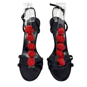 Manolo Blahnik Black Satin Heels Floral Stiletto Sandals 37.5